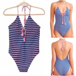 Striped Knit Halter One Piece Bathing Suit Large